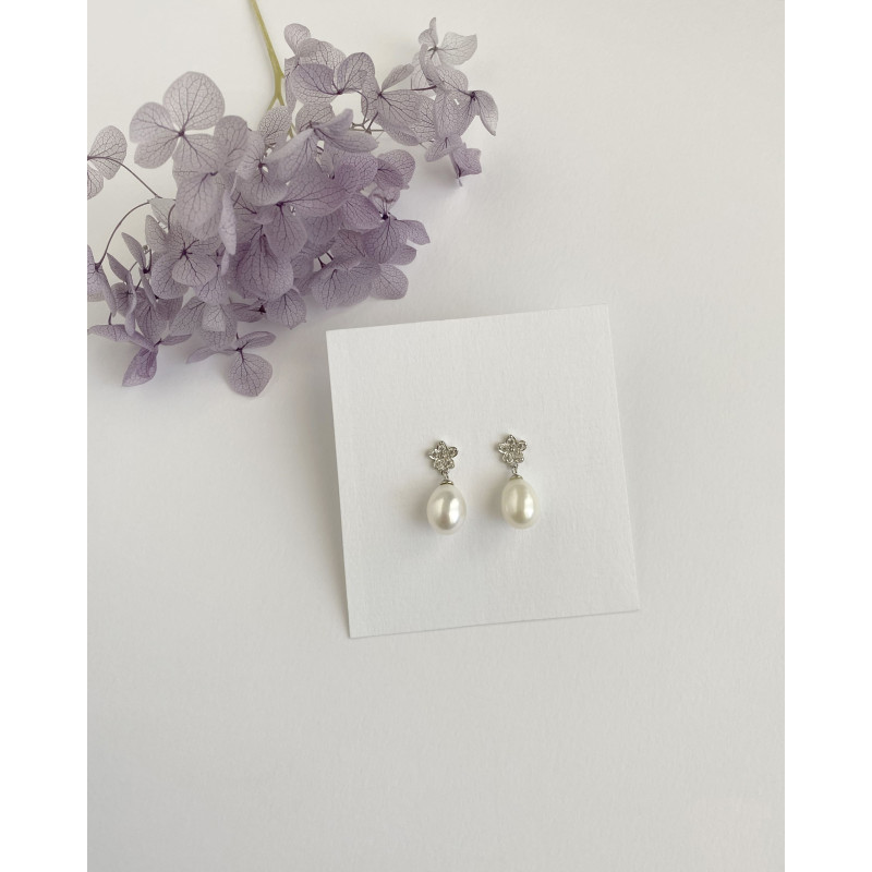 Pendientes de novia perla y flor circonita